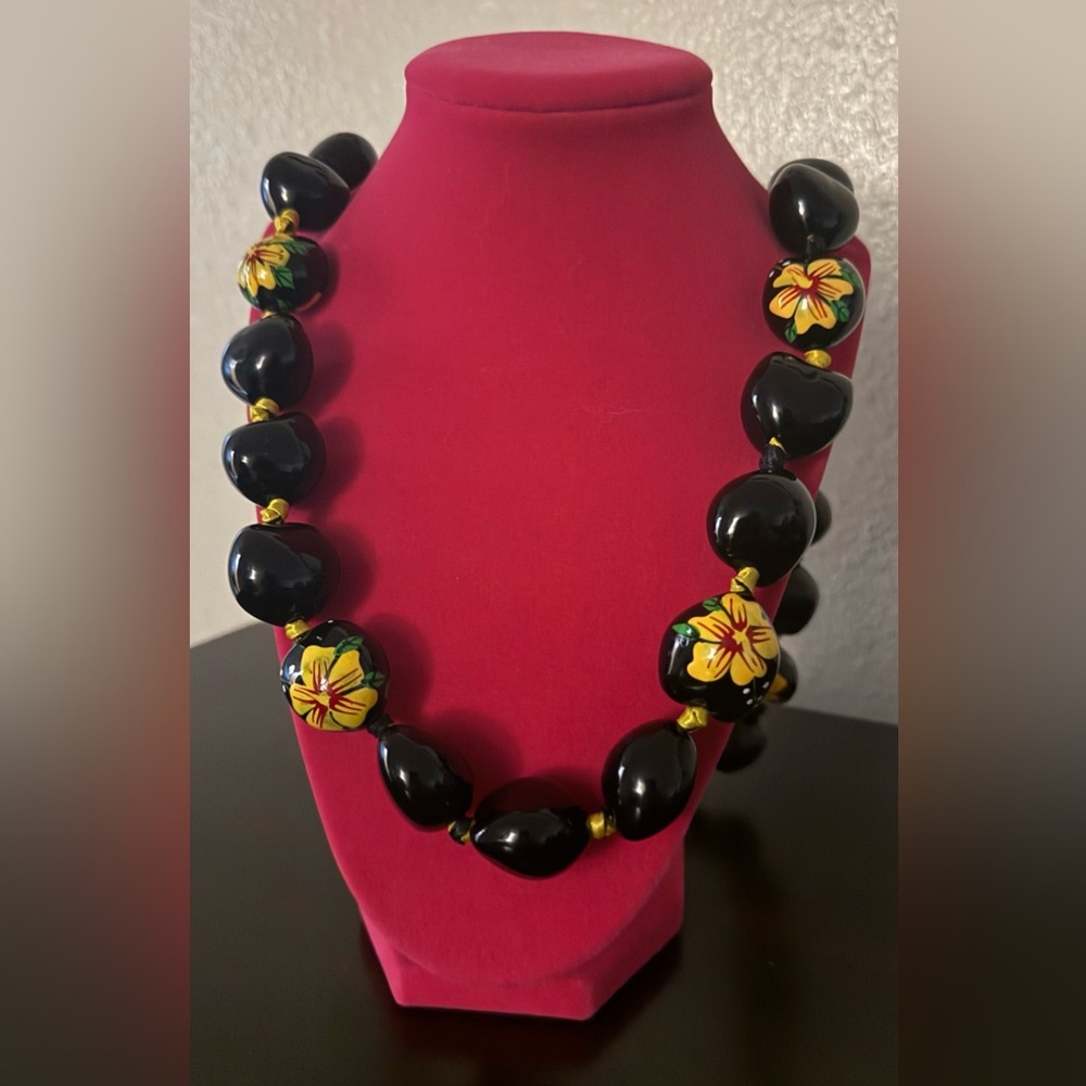 Authentic Hawaiian Kukui Nut Floral Lei Necklace | Brown & Yellow | 36”